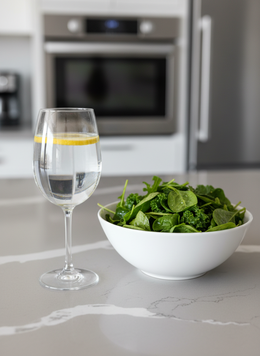 A close-up of an elegant glass of water with a slice of lemon, placed beside a simple, modern white ceramic bowl brimming with fresh, vibrant green salad leaves. The clear glass and bowl stand atop a pristine, matte-finish countertop with subtle grey veining resembling quartz. The backdrop is softly blurred, featuring orderly kitchen accents in cool neutrals. Illuminated by natural overcast light, the scene emphasizes purity and freshness, with soft highlights on the glass and bowl. The atmosphere is bright, invigorating, and health-focused. Captured at an eye-level perspective for a straightforward, uncluttered composition, this image delivers a message of accessible, healthy living in a meticulously clean, photographic style.