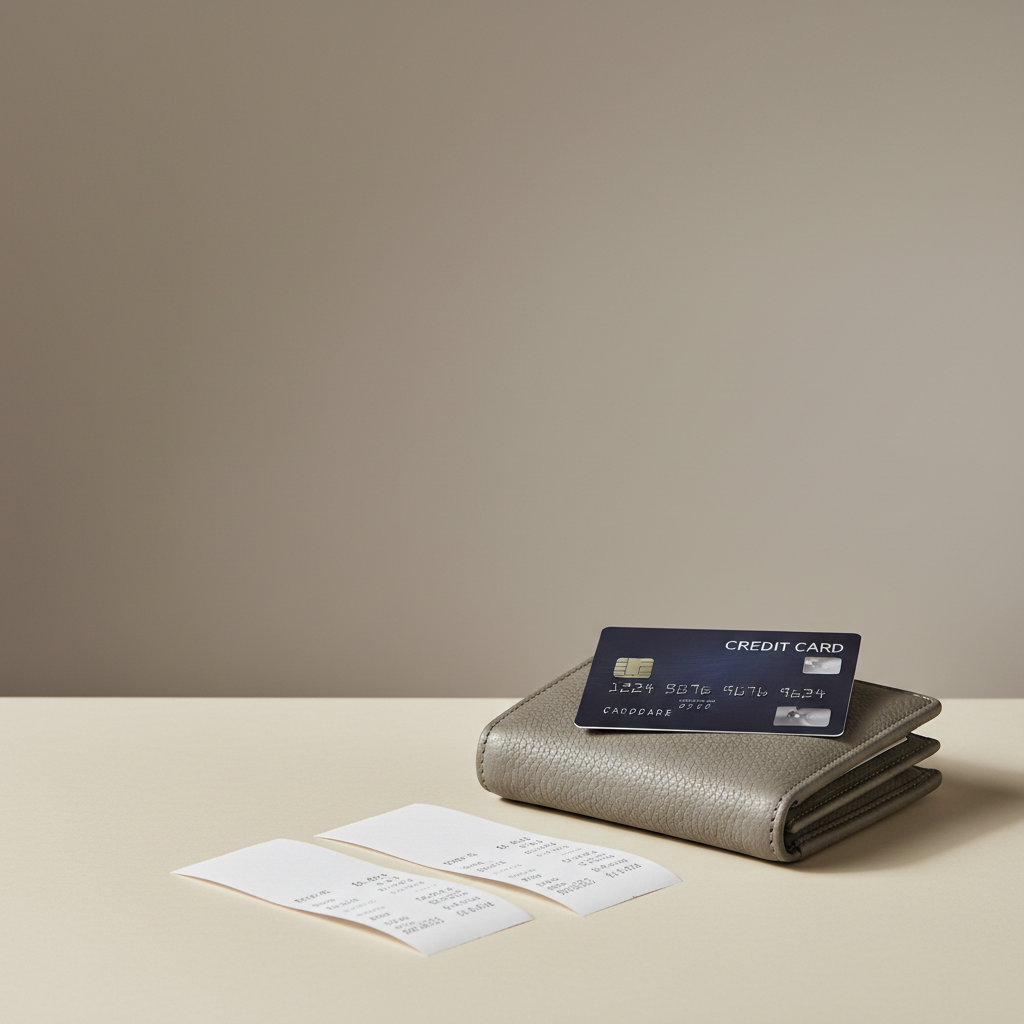 A pristine navy-blue credit card with metallic silver accents rests diagonally atop a folded, textured grey wallet made of high-quality vegan leather. Surrounding the wallet are three perfectly aligned blank receipts on a smooth, light oatmeal desk surface. The composition is minimal, with balanced negative space, and the background features a subtle shadow gradient against a neutral taupe wall. Gentle, indirect studio lighting produces crisp, soft-edged shadows and subtle highlights along the card’s embossing. The mood is secure and organized, with photographic precision and a clean corporate aesthetic, perfectly suited for articles about banking, cards, or financial tips.