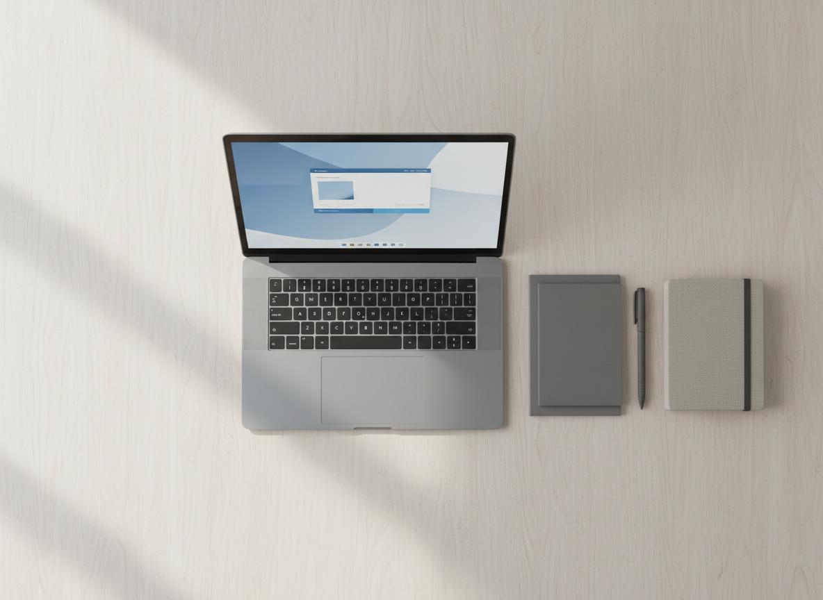 An orderly desktop workspace featuring a slim, metallic silver laptop with a matte finish and a neatly organized stack of understated grey notepads. The desk surface is a clean pale wood, with a subtle grain pattern adding warmth and texture. Adjacent to the laptop sits a sleek, dark pen and a closed, minimalist planner. Soft, diffused daylight streams in from an unseen window, creating gentle reflections and balanced shadows across the surfaces. The mood is calm and professional, reinforcing a sense of clarity and efficiency. Photographed from a slightly elevated angle with a centered composition and crisp focus throughout, the image champions a modern, clean, corporate aesthetic—ideal for conveying practical life and organization tips.